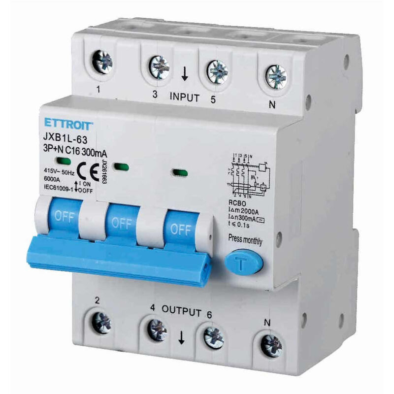 foto del prodotto interruttore magnetotermico differenziale 3p+n 16a 6ka 300ma 380v occupa 4 moduli din - ettroit