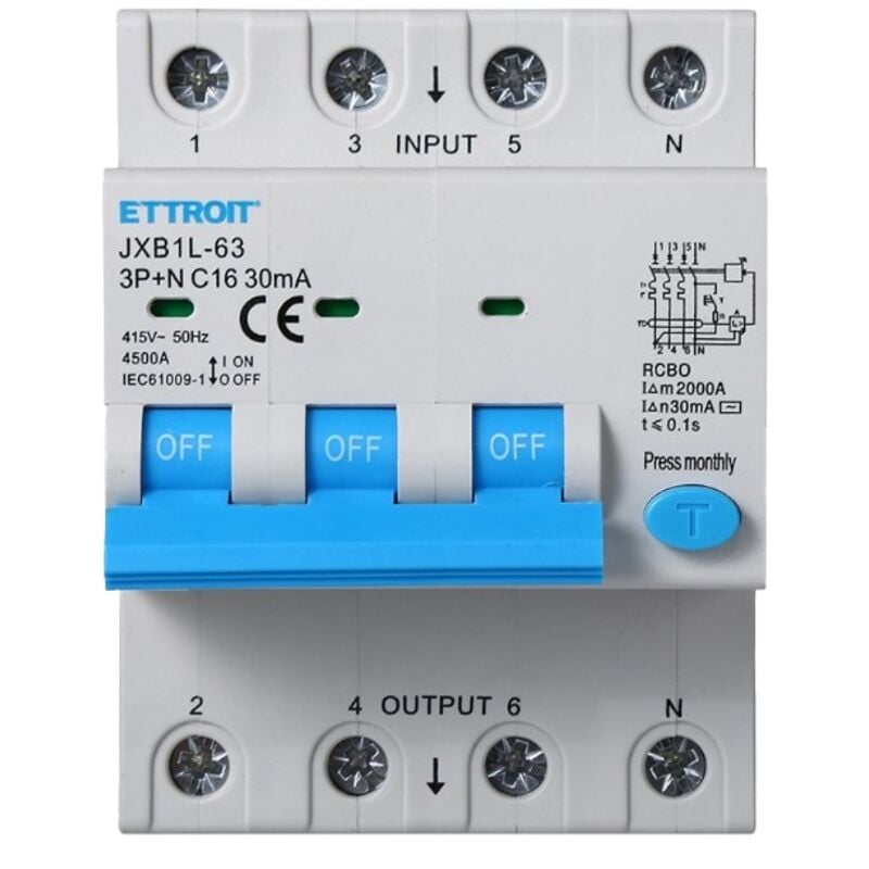 foto del prodotto interruttore magnetotermico differenziale 3p n 16a 6ka 30ma 380v occupa 4 moduli din - ettroit