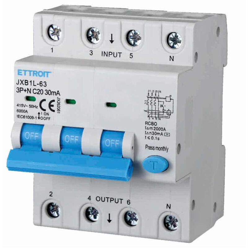 foto del prodotto interruttore magnetotermico differenziale 3p n 20a 30ma 380v-6ka 4 moduli jx262061 - ettroit