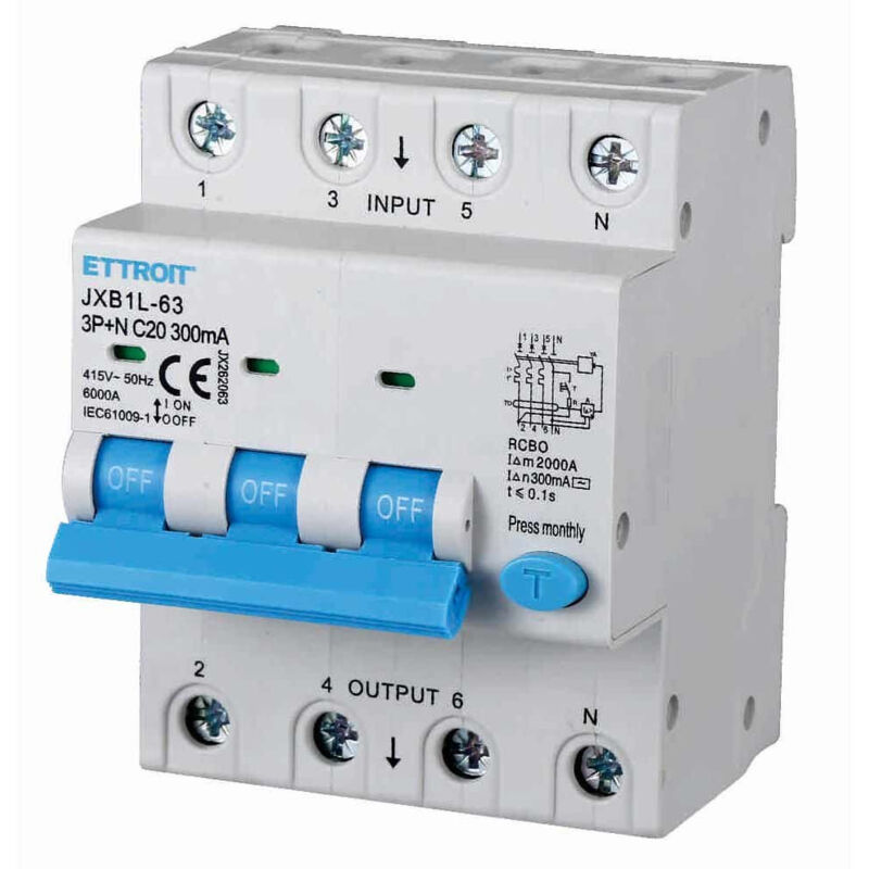 foto del prodotto interruttore magnetotermico differenziale 3p n 20a 6ka 300ma 380v occupa 4 moduli din - ettroit