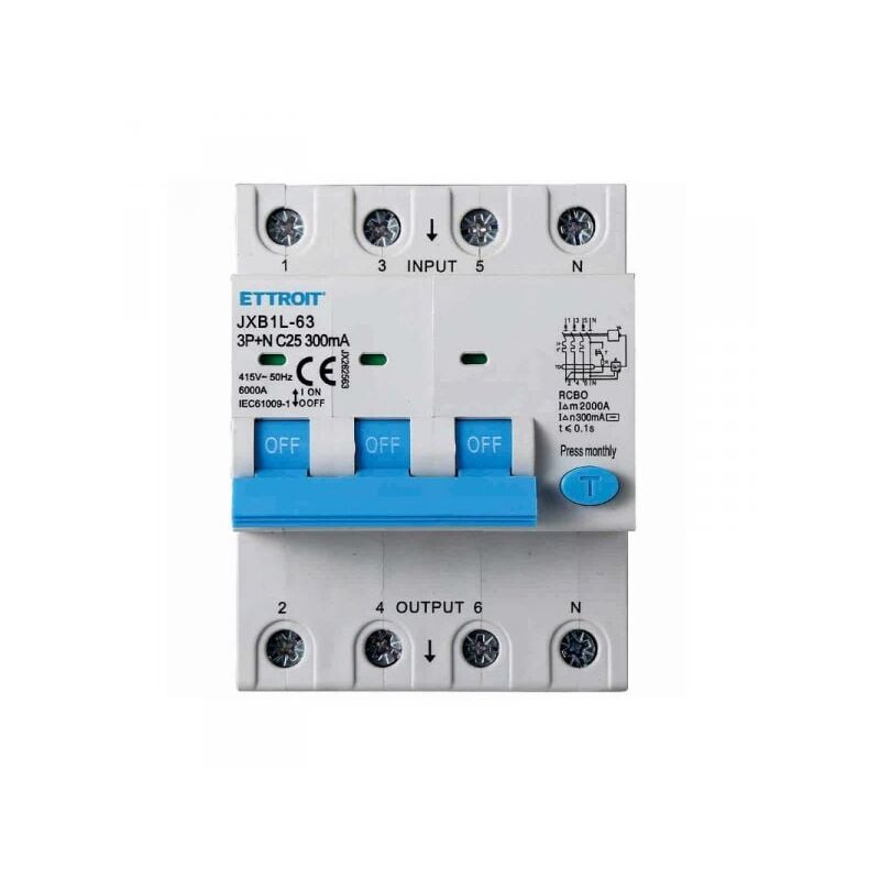 foto del prodotto interruttore magnetotermico differenziale 3p n 25a 6ka 300ma 380v occupa 4 moduli din ettroit