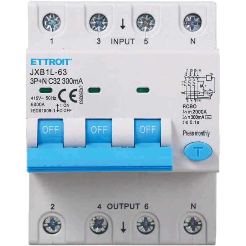 foto del prodotto interruttore magnetotermico differenziale 3p+n 32a 6ka 300ma 380v occupa 4 moduli din - ettroit