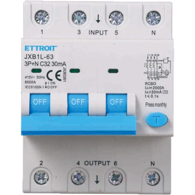 foto del prodotto interruttore magnetotermico differenziale 3p n 32a 6ka 30ma 380v occupa 4 moduli din - ettroit