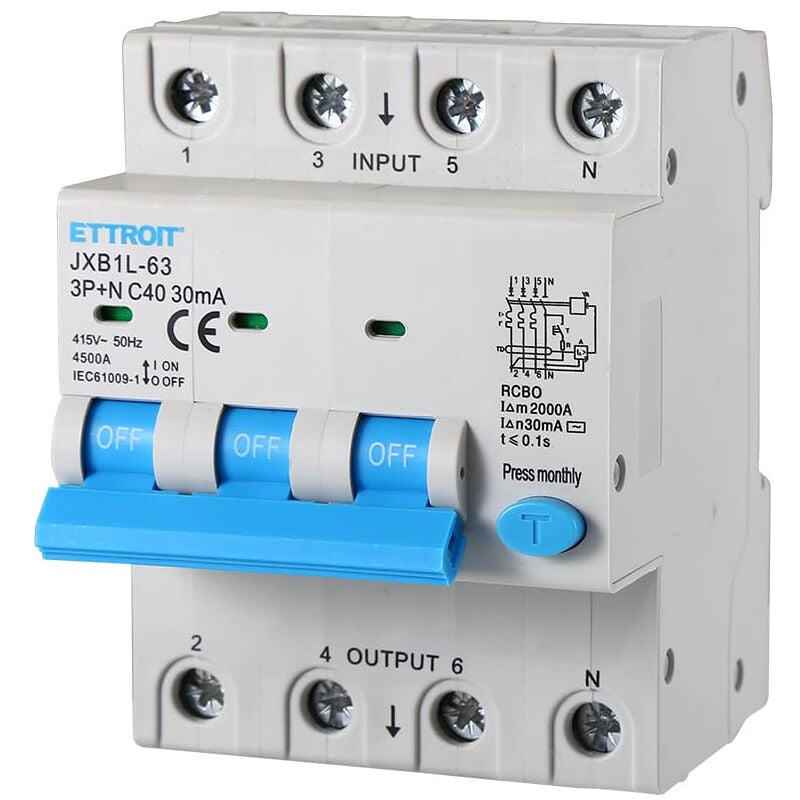 foto del prodotto interruttore magnetotermico differenziale 3p n, 4 moduli, 415vac, 40a, 30ma, 4,5ka ettroit jxb1l 63 3pn 40a 4.5ka