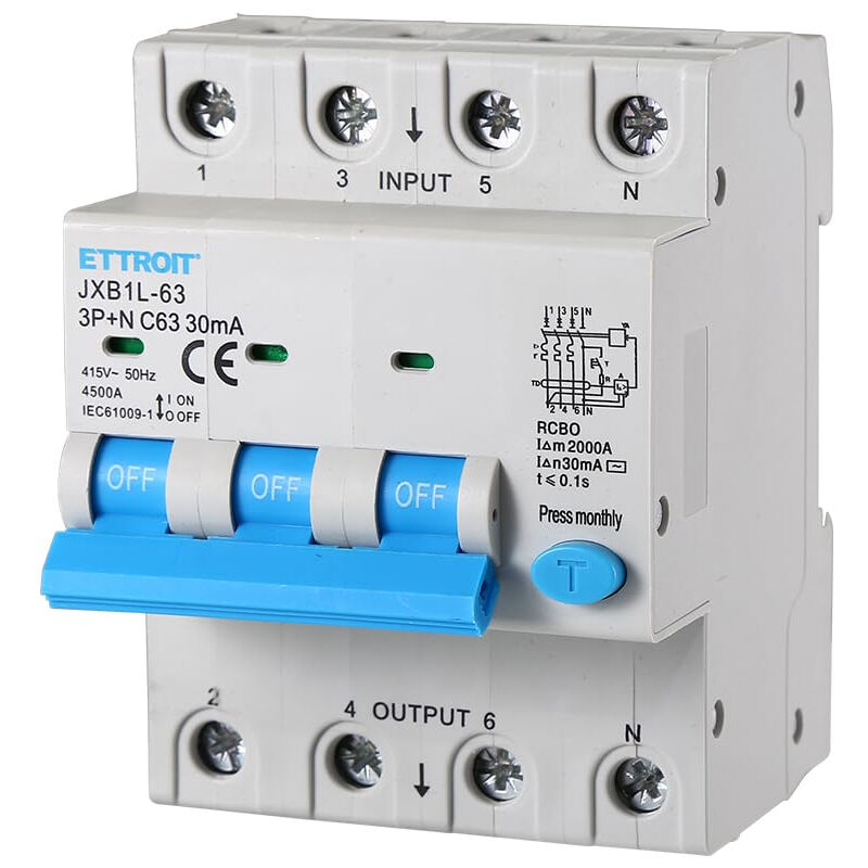 foto del prodotto interruttore magnetotermico differenziale 3p n, 4 moduli, 415vac, 63a, 30ma, 4,5ka ettroit jxb1l 63 3pn 63a 4.5ka
