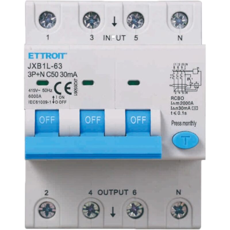 foto del prodotto interruttore magnetotermico differenziale 3p+n 50a 6ka 30ma 380v occupa 4 moduli din - ettroit