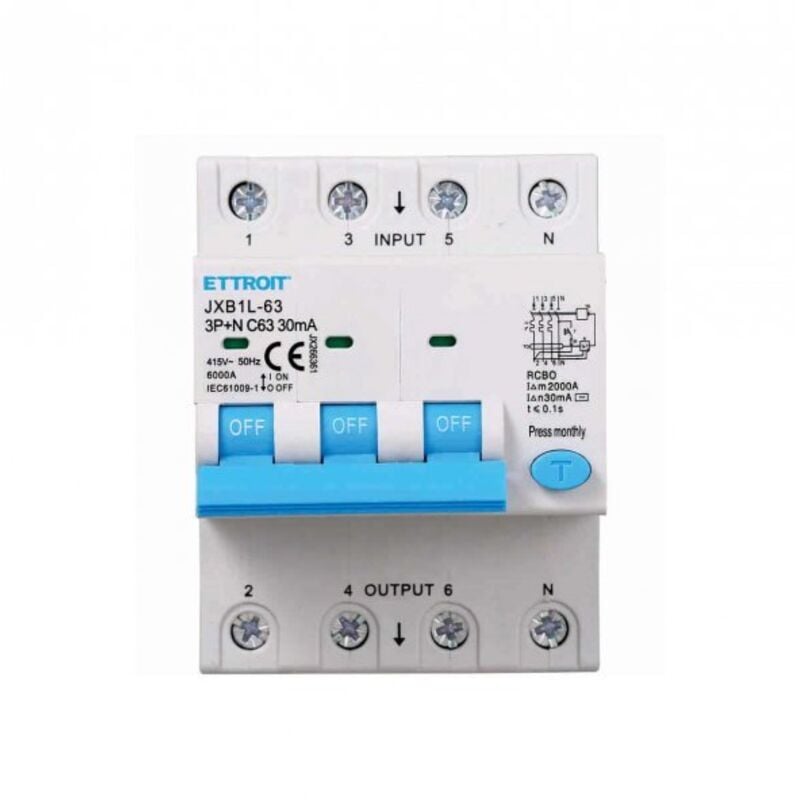 foto del prodotto interruttore magnetotermico differenziale 3p n 63a 6ka 30ma 380v occupa 4 moduli din ettroit