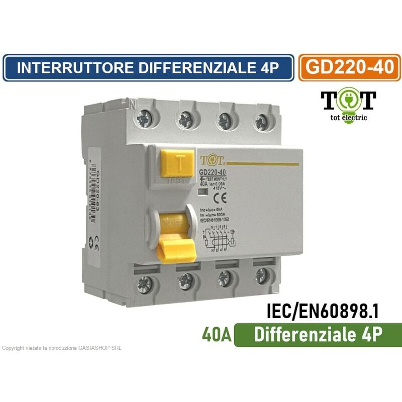 foto del prodotto interruttore magnetotermico differenziale 40a per barra din 4 moduli 4p 220v 415vac 30ma 6ka