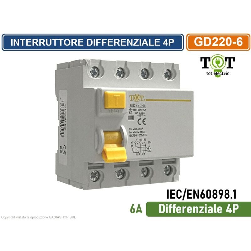 foto del prodotto interruttore magnetotermico differenziale 6a per barra din 4 moduli 4p 220v 415vac 30ma 6ka