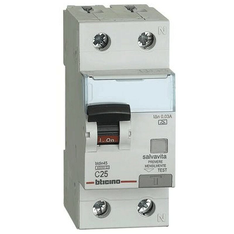 foto del prodotto interruttore magnetotermico differenziale bticino 1p n 25a 30ma tipo a 4,5ka 2 moduli ga8813a25
