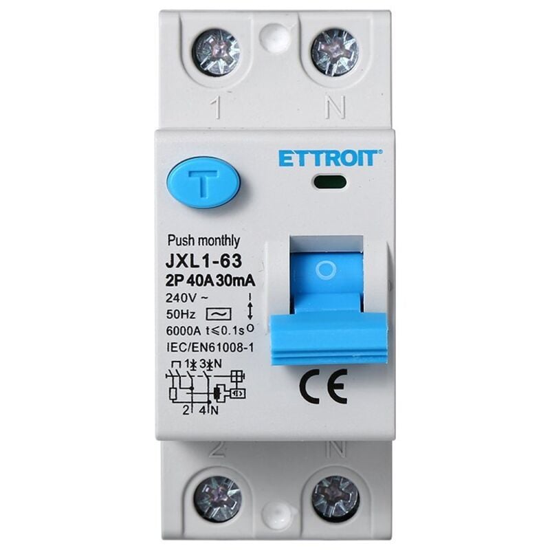 foto del prodotto interruttore magnetotermico differenziale puro salvavita per barra din 2 moduli 2p 40a 240v 30ma 6ka - ettroit