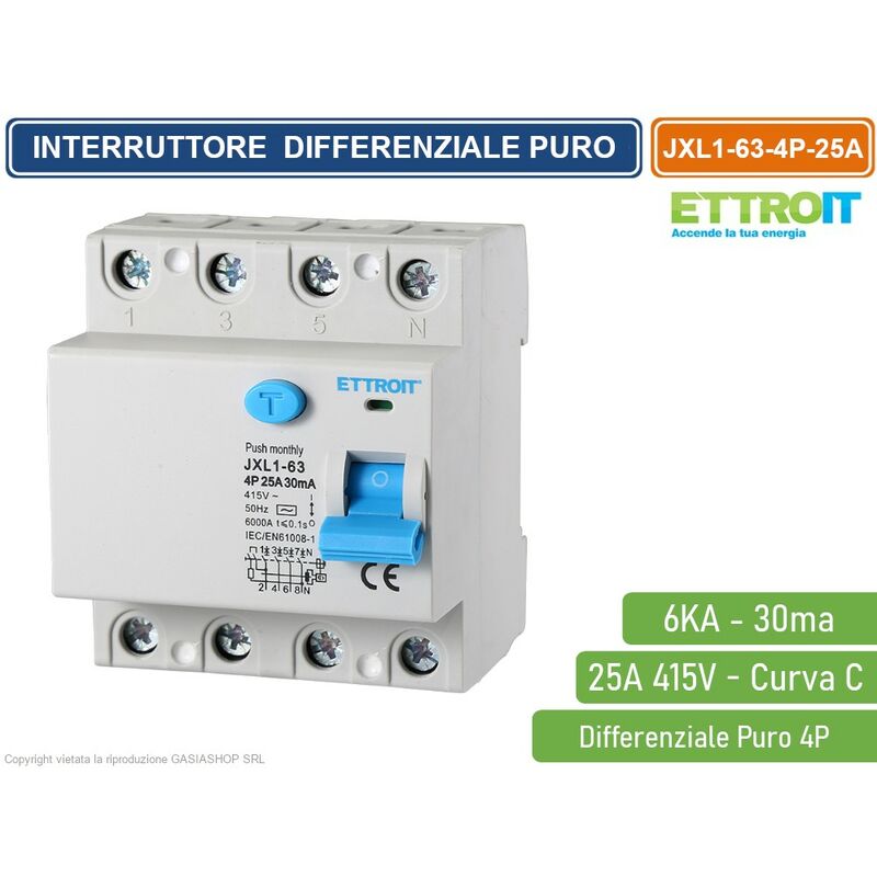 foto del prodotto interruttore magnetotermico differenziale puro salvavita per barra din 4 moduli 4p 25a 415v 30ma 6ka ettroit