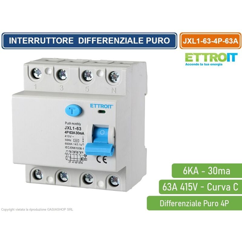 foto del prodotto interruttore magnetotermico differenziale puro salvavita per barra din 4 moduli 4p 63a 415v 30ma 6ka ettroit