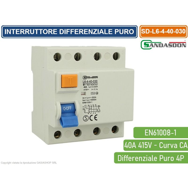 foto del prodotto interruttore magnetotermico differenziale puro salvavita per barra din 4 moduli 4p c40 415v 30ma 6ka sandasdon