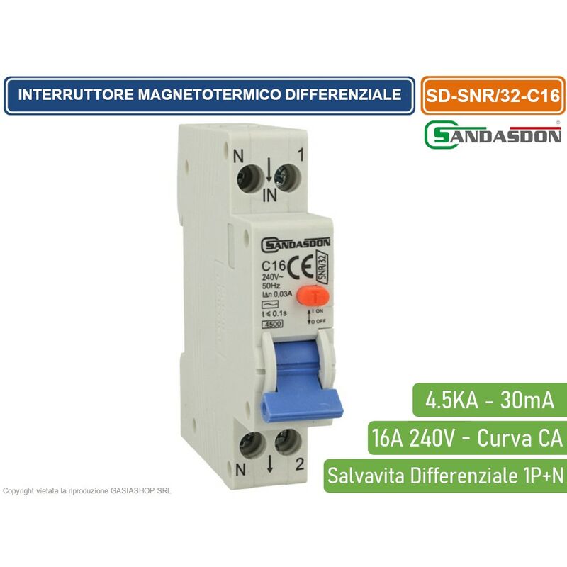 foto del prodotto interruttore magnetotermico differenziale salvavita per barra din 1 moduli 1p n 16a c16 240v 30ma 4.5ka sandasdon