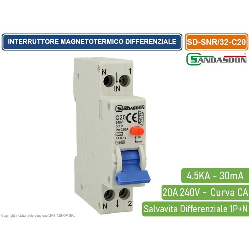 foto del prodotto interruttore magnetotermico differenziale salvavita per barra din 1 moduli 1p n 20a c20 240v 30ma 4.5ka sandasdon