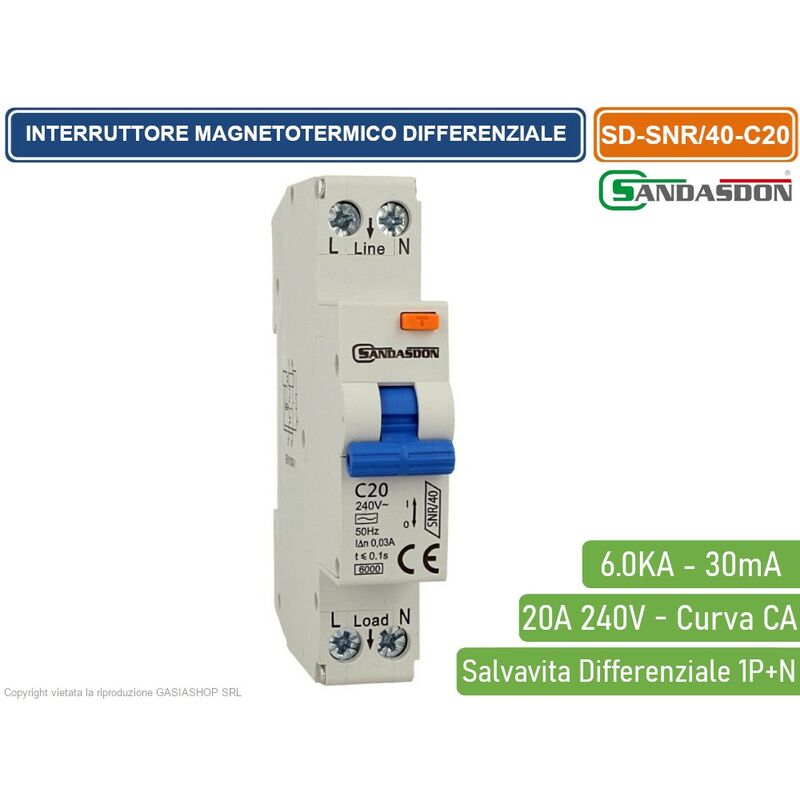 foto del prodotto interruttore magnetotermico differenziale salvavita per barra din 1 moduli 1p n 20a c20 240v 30ma 6ka sandasdon