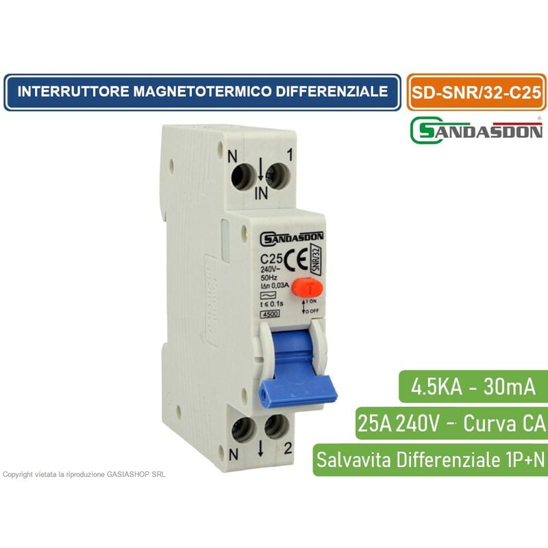 foto del prodotto interruttore magnetotermico differenziale salvavita per barra din 1 moduli 1p n 25a c25 240v 30ma 4.5ka sandasdon