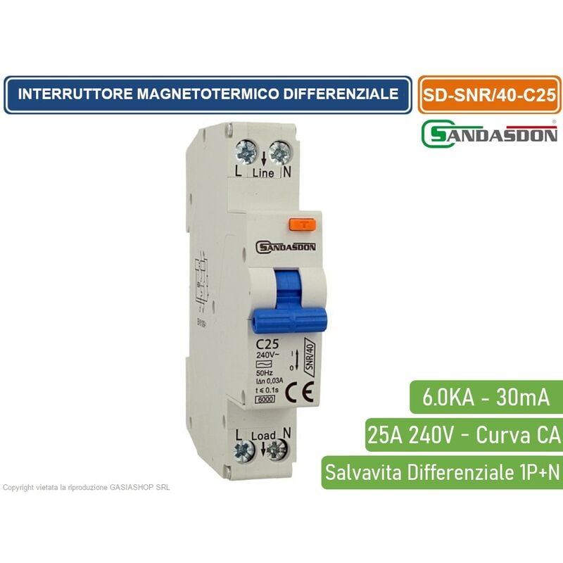 foto del prodotto interruttore magnetotermico differenziale salvavita per barra din 1 moduli 1p n 25a c25 240v 30ma 6ka sandasdon