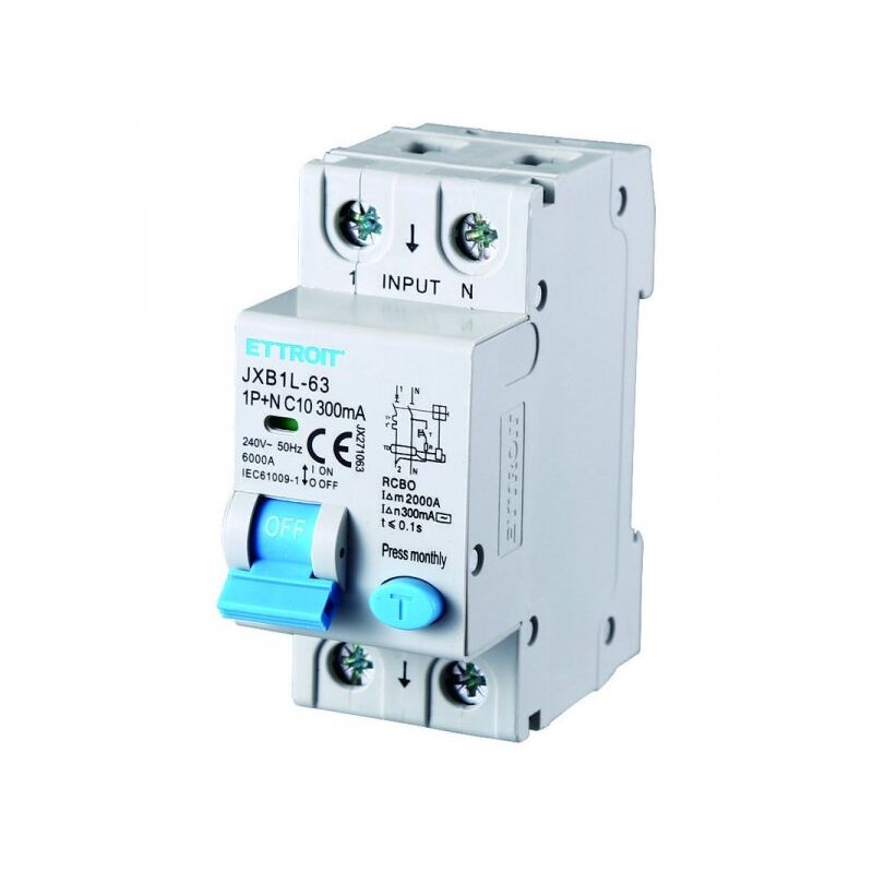 foto del prodotto interruttore magnetotermico differenziale salvavita per barra din 2 moduli 1p n 10a c10 240v 300ma 6ka ettroit