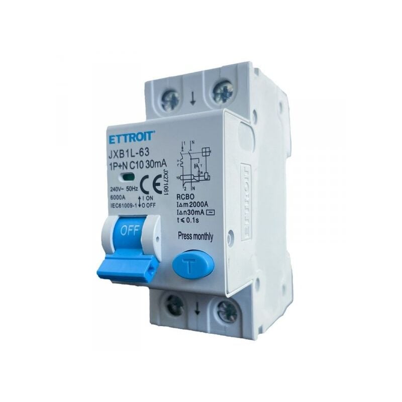 foto del prodotto interruttore magnetotermico differenziale salvavita per barra din 2 moduli 1p n 10a c10 240v 30ma 6ka ettroit