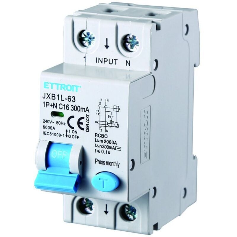 foto del prodotto interruttore magnetotermico differenziale salvavita per barra din 2 moduli 1p+n 16a c16 240v 300ma 6ka - ettroit