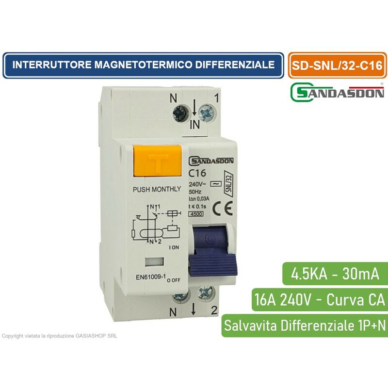 foto del prodotto interruttore magnetotermico differenziale salvavita per barra din 2 moduli 1p n 16a c16 240v 30ma 4.5ka sandasdon