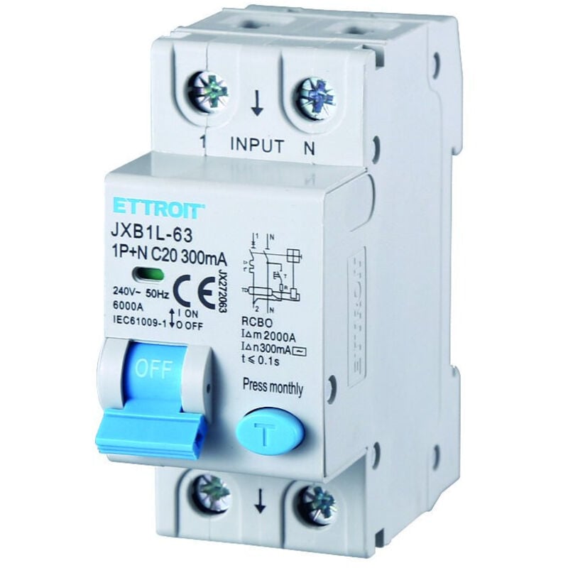 foto del prodotto interruttore magnetotermico differenziale salvavita per barra din 2 moduli 1p n 20a c20 240v 300ma 6ka - ettroit