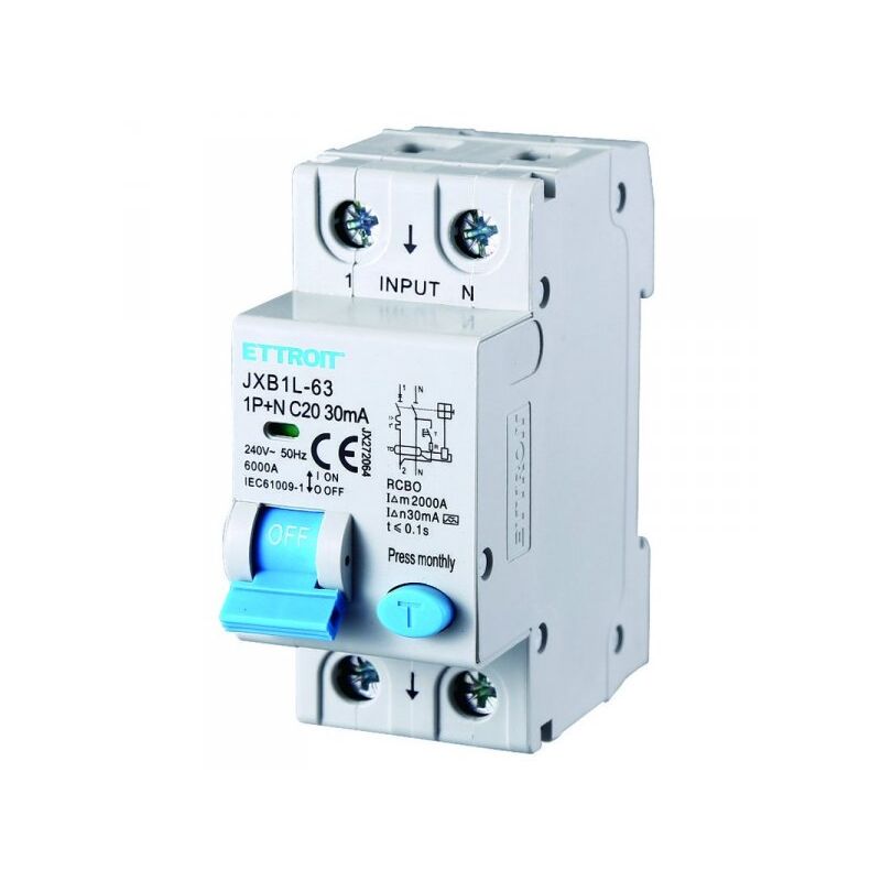 foto del prodotto interruttore magnetotermico differenziale salvavita per barra din 2 moduli 1p n 20a c20 240v 30ma 6ka classe a - ettroit