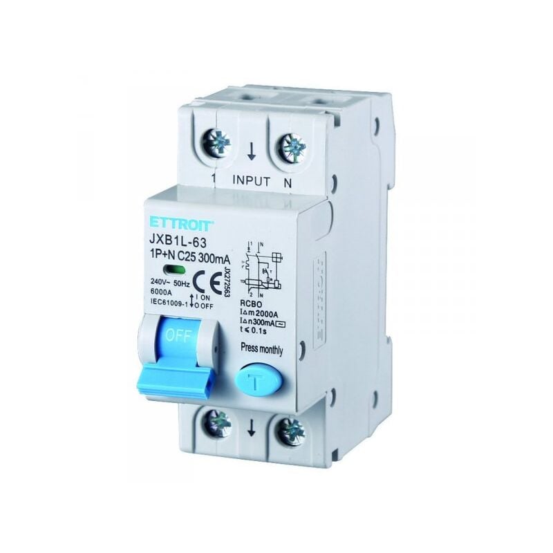 foto del prodotto interruttore magnetotermico differenziale salvavita per barra din 2 moduli 1p n 25a c25 240v 300ma 6ka ettroit