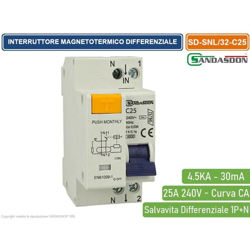 foto del prodotto interruttore magnetotermico differenziale salvavita per barra din 2 moduli 1p n 25a c25 240v 30ma 4.5ka sandasdon