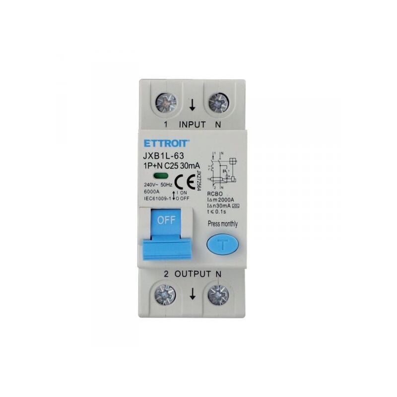 foto del prodotto interruttore magnetotermico differenziale salvavita per barra din 2 moduli 1p n 25a c25 240v 30ma 6ka classe a ettroit