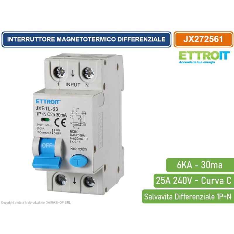 foto del prodotto interruttore magnetotermico differenziale salvavita per barra din 2 moduli 1p n 25a c25 240v 30ma 6ka ettroit
