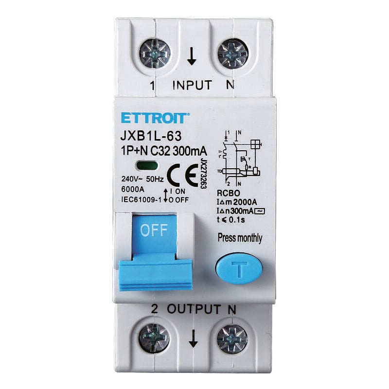 foto del prodotto interruttore magnetotermico differenziale salvavita per barra din 2 moduli 1p n 32a c32 240v 300ma 6ka ettroit