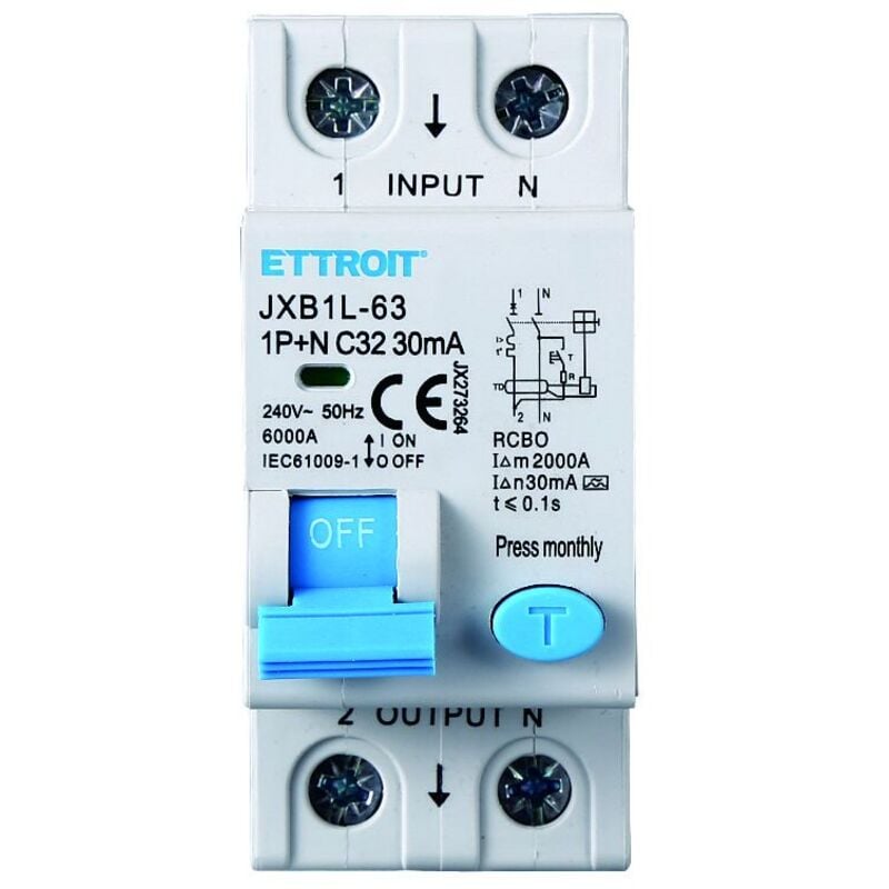 foto del prodotto interruttore magnetotermico differenziale salvavita per barra din 2 moduli 1p n 32a c32 240v 30ma 6ka classe a - ettroit