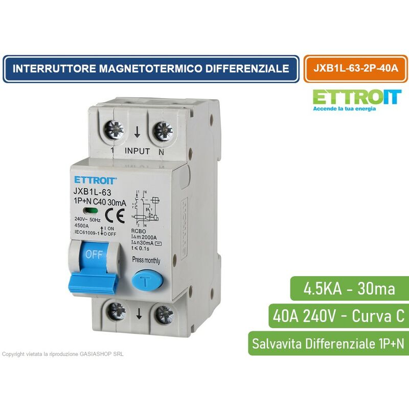 foto del prodotto interruttore magnetotermico differenziale salvavita per barra din 2 moduli 1p n 40a c40 240v 30ma 4.5ka ettroit