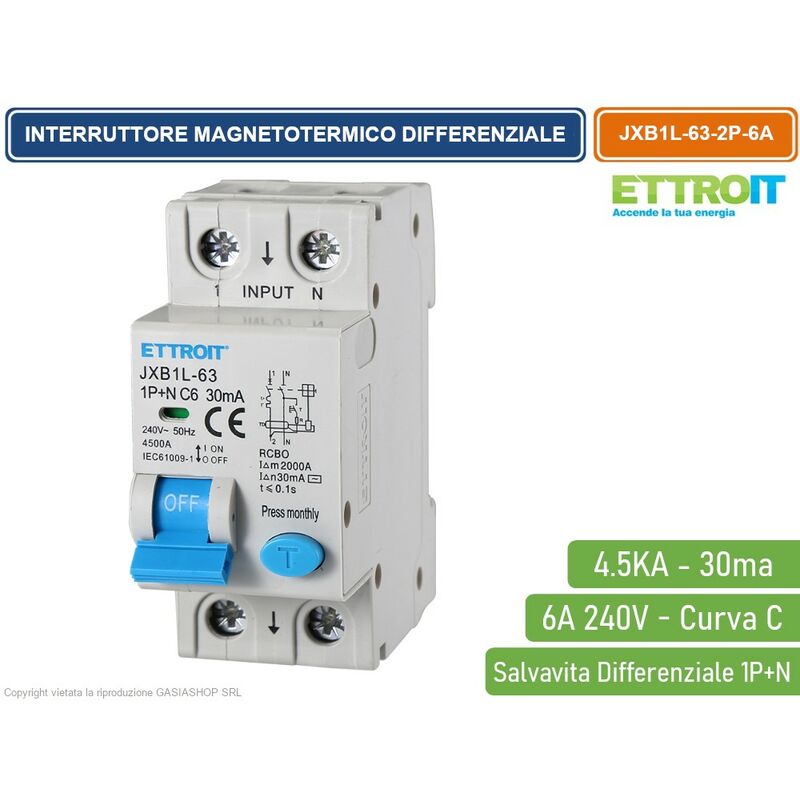 foto del prodotto interruttore magnetotermico differenziale salvavita per barra din 2 moduli 1p n 6a c6 240v 30ma 4.5ka ettroit