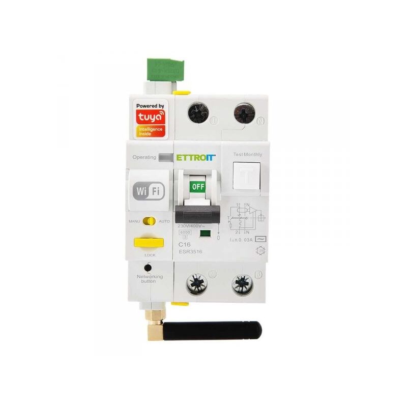 foto del prodotto interruttore magnetotermico differenziale smart wifi 1p n 16a 230v 400v riarmo automatico app tuya occupa 3 moduli din