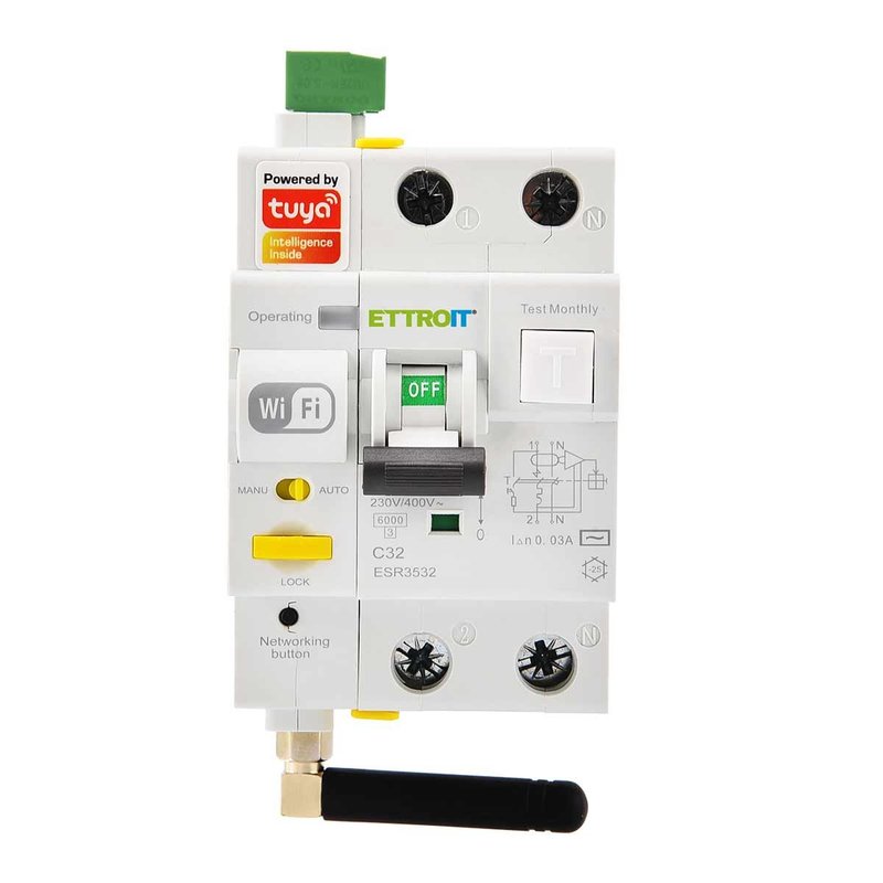 foto del prodotto interruttore magnetotermico differenziale smart wifi 1p+n 32a 230v/400v app tuya occupa 3 moduli din