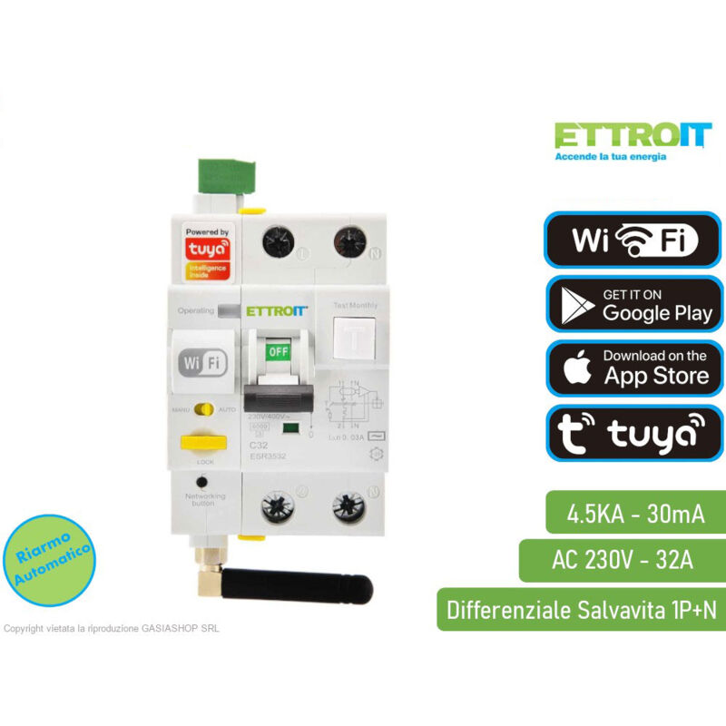 foto del prodotto interruttore magnetotermico differenziale smart wifi 1p n 32a 230v 400v riarmo automatico app tuya occupa 3 moduli din