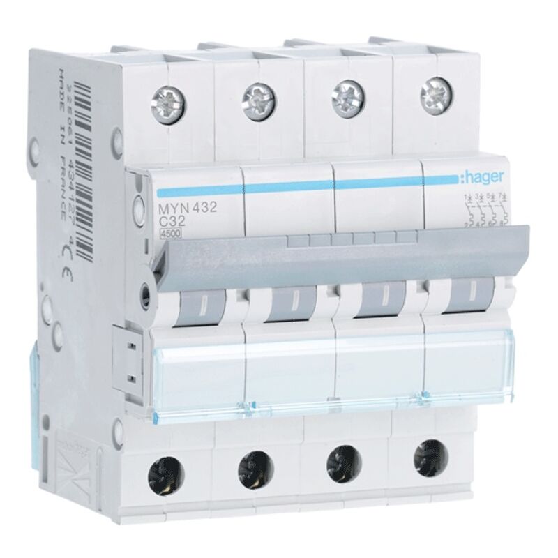 foto del prodotto interruttore magnetotermico hager 4p 32a 4,5ka c 4 moduli myn432