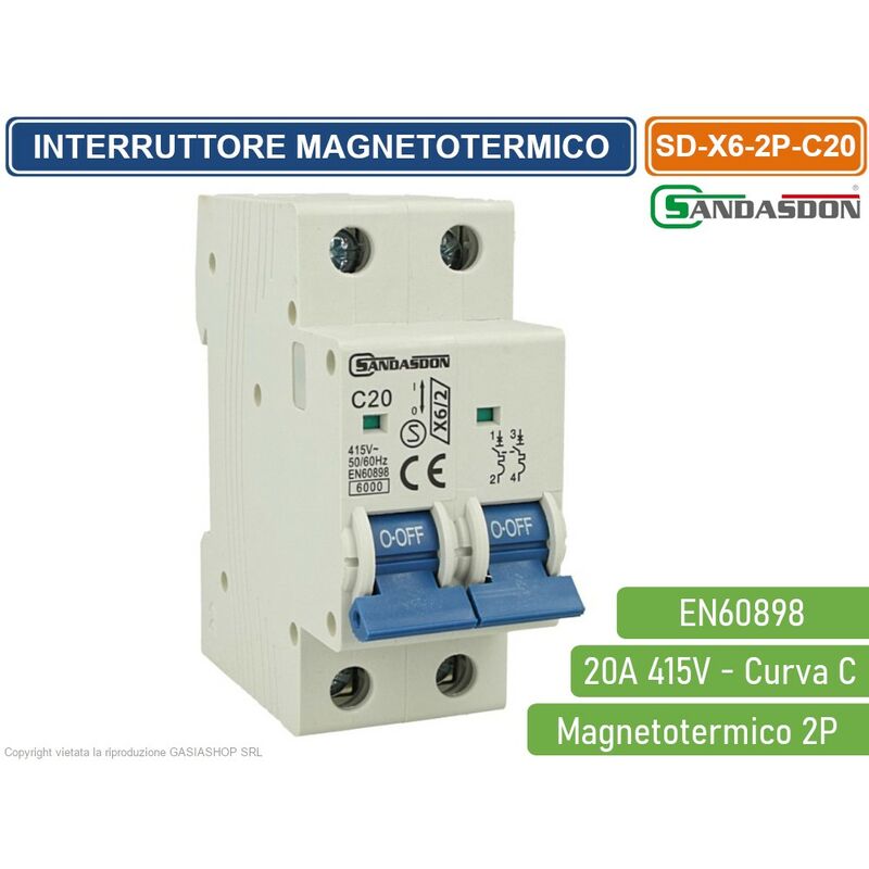 foto del prodotto interruttore megnetotermico per barra din 2 moduli 2p 415v curva c 6ka 20a sandasdon