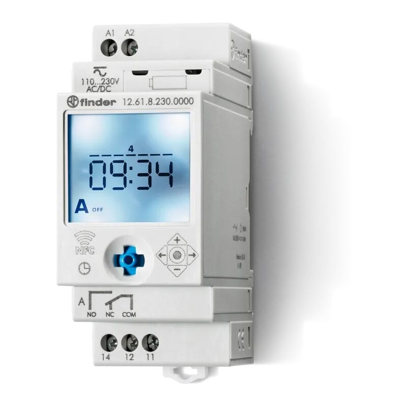 foto del prodotto interruttore orario digitale nfc, settimanale, intervallo 1 minuto, 1 contatto in scambio, 16a, 230vac, serie 12 finder 12.61.8.230.0000
