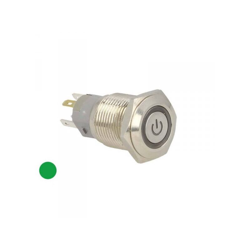 foto del prodotto interruttore pulsante bilanciere metallo rotondo 5 pin con spia led verde 12v auto camper foro 16mm stagno ip67