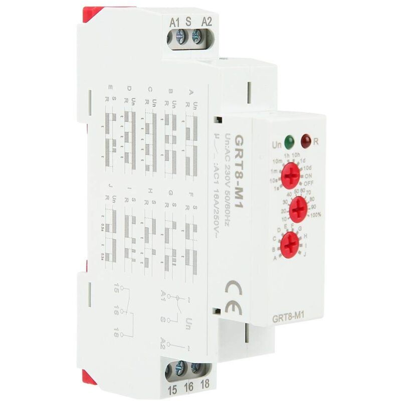 foto del prodotto interruttore rel temporizzato grt8m1 montaggio su guida din con indicatori led ca 220 v 