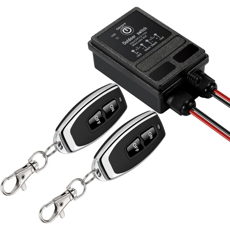 foto del prodotto interruttore remoto wireless, interruttore remoto rf cc 12v 24v 48v 72v, rel 40a, cablaggio lungo 328 piedi.