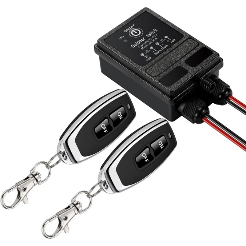 foto del prodotto interruttore remoto wireless, interruttore remoto rf cc 12v 24v 48v 72v, rel 40a, cablaggio lungo 328 piedi.