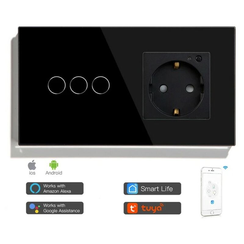 foto del prodotto interruttore touch con presa a muro smart wifi nero dimensione 3 pulsanti tuya