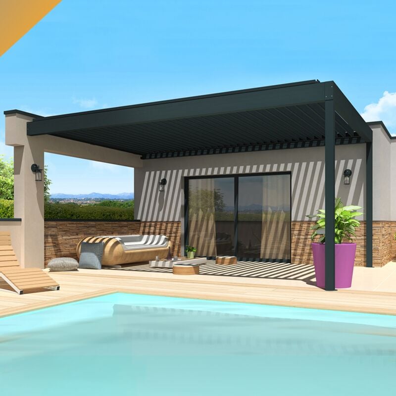 foto del prodotto intersun pergola bioclimatica spinelle 4,50x6,037 m doppio cilindro a telecomando grigio antracite 