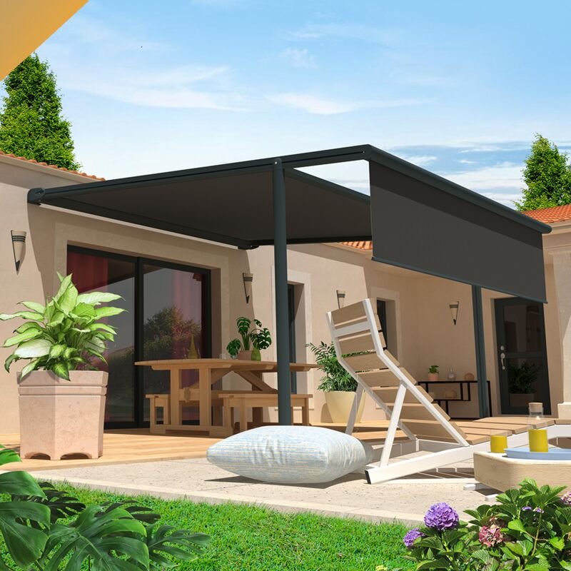 foto del prodotto intersun pergola tela pyrite 4,00x4,00 m motorizzata a telecomando manovra di emergenza cofano led mantovana grigio antracite grigio 